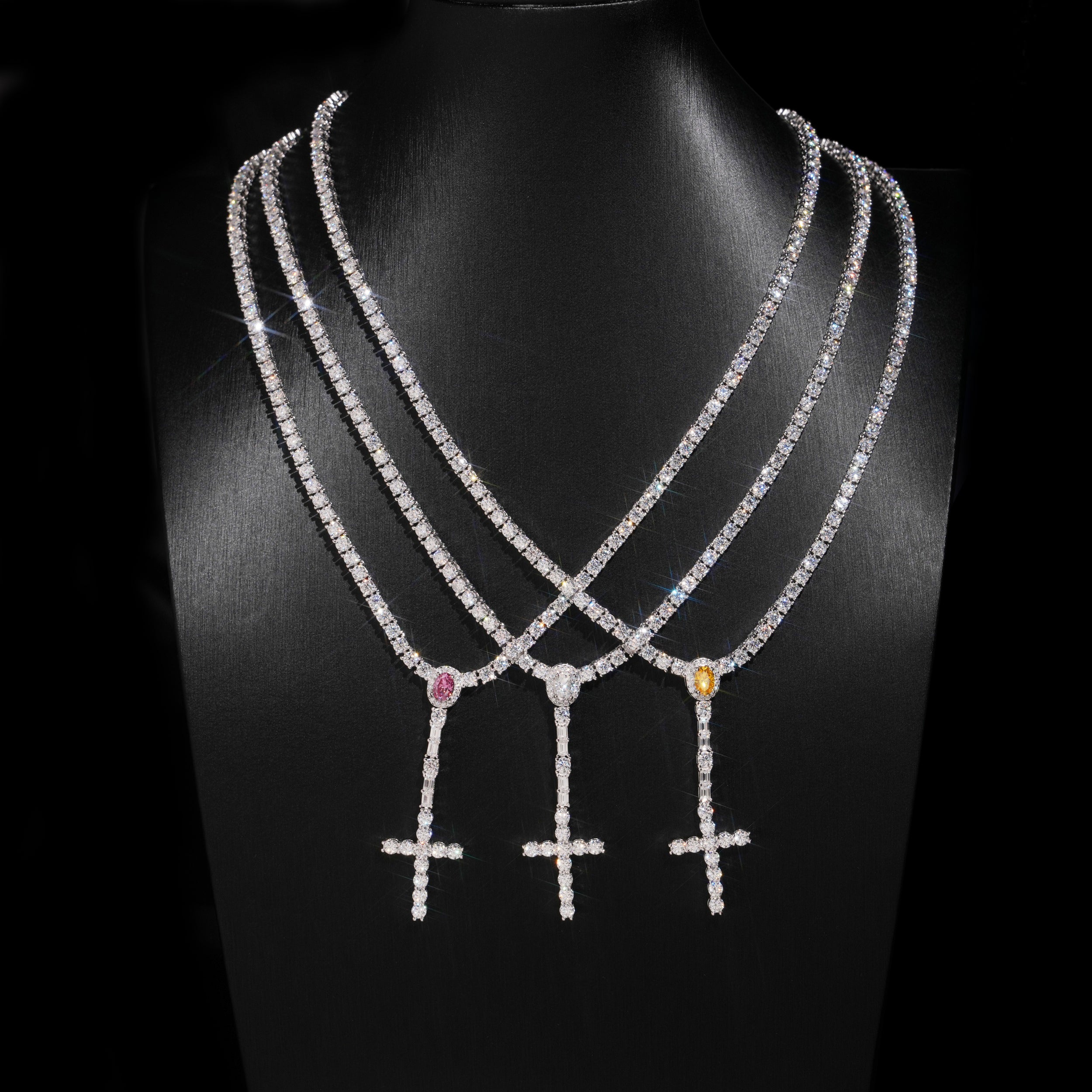 925 Silver Moissanite Diamodn 3MM Rosary Cross Tennis Chain Necklace