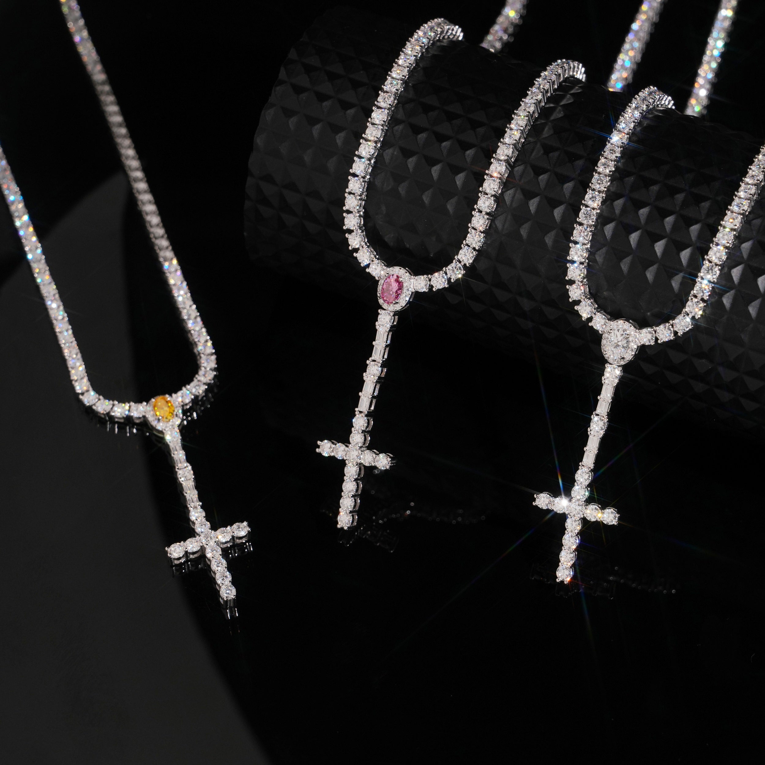 925 Silver Moissanite Diamodn 3MM Rosary Cross Tennis Chain Necklace