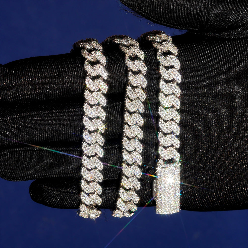 Three Rows 10MM Lab Grown Diamond Cuban Link Chain Necklace For Men