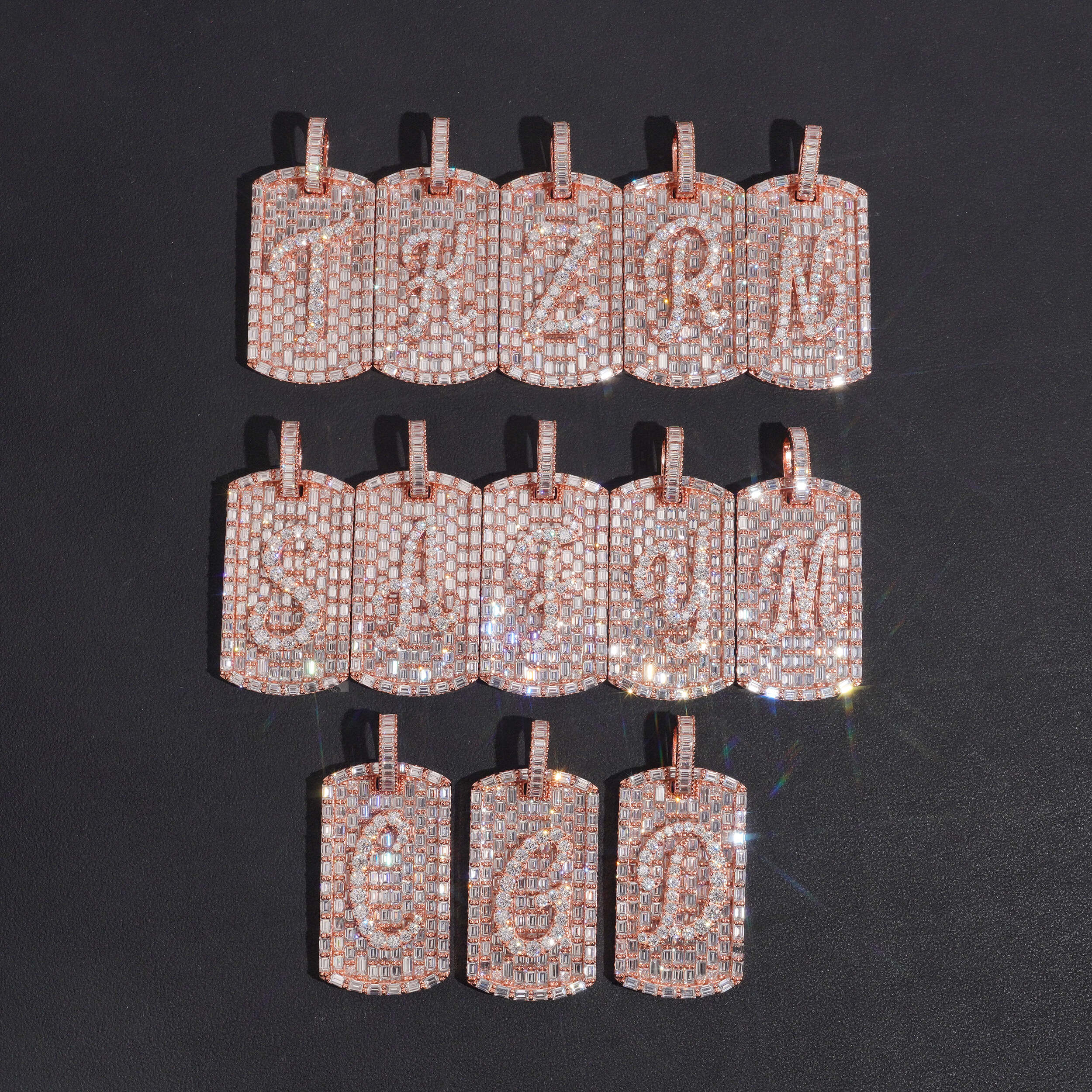 Baguette Deisgn Initial Dogtag Pendant VVS Moissanite Diamond