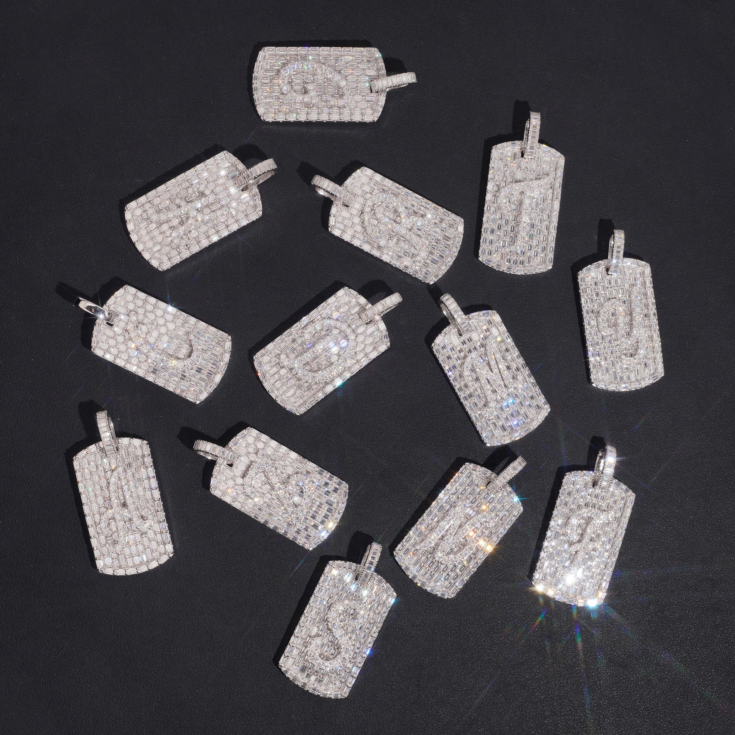 Baguette Deisgn Initial Dogtag Pendant VVS Moissanite Diamond