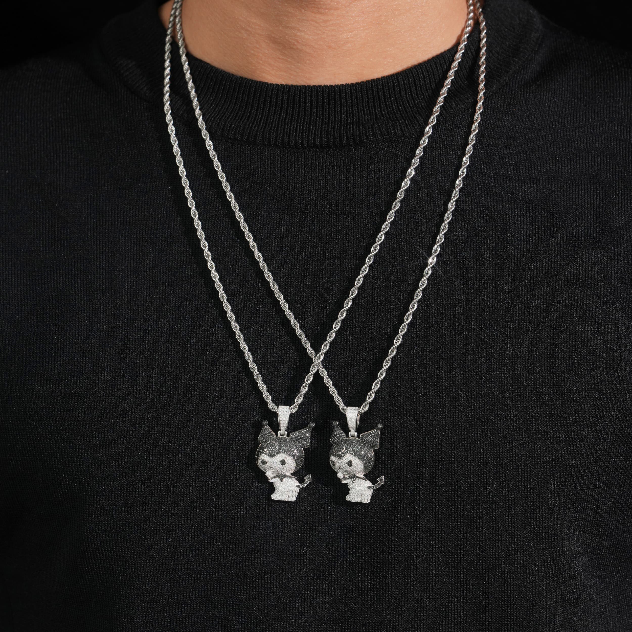 White Mix Black Moissanite Diamond Kuromi Charm Pendant