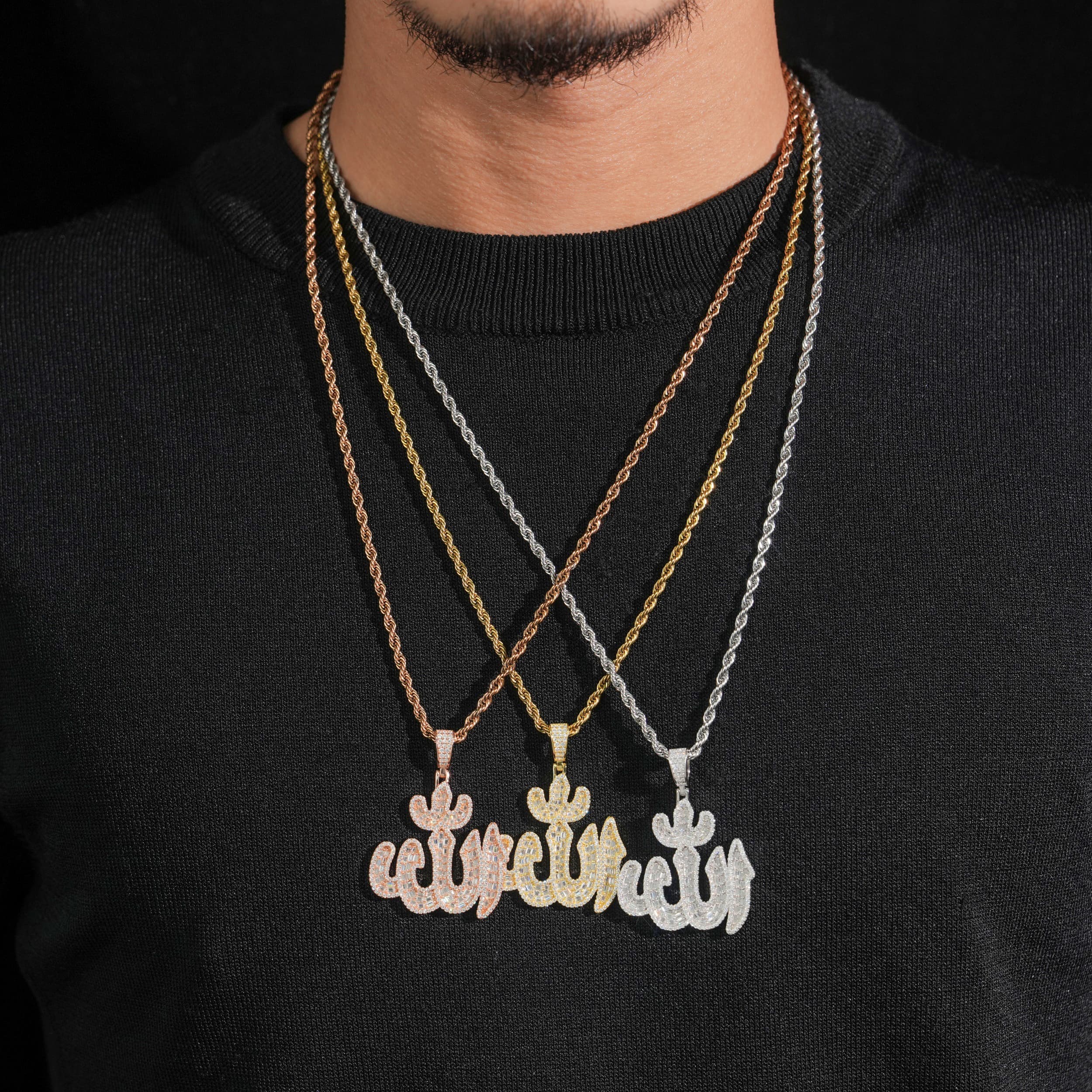 Baguette Cut Moissanite Diamond Allah Pendant Solid Silver