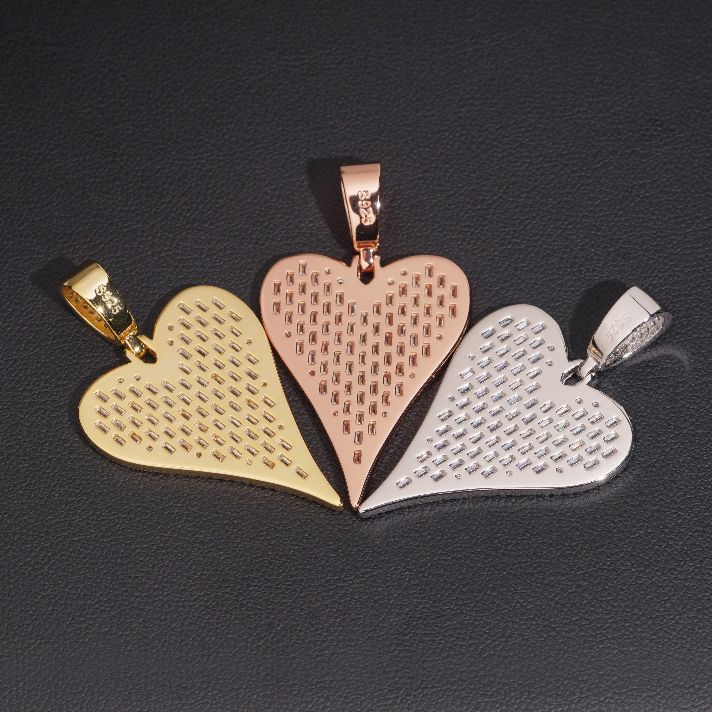 925 Sterling Silver VVS Moissanite Diamond Baguette Style Heart Pendant Charm