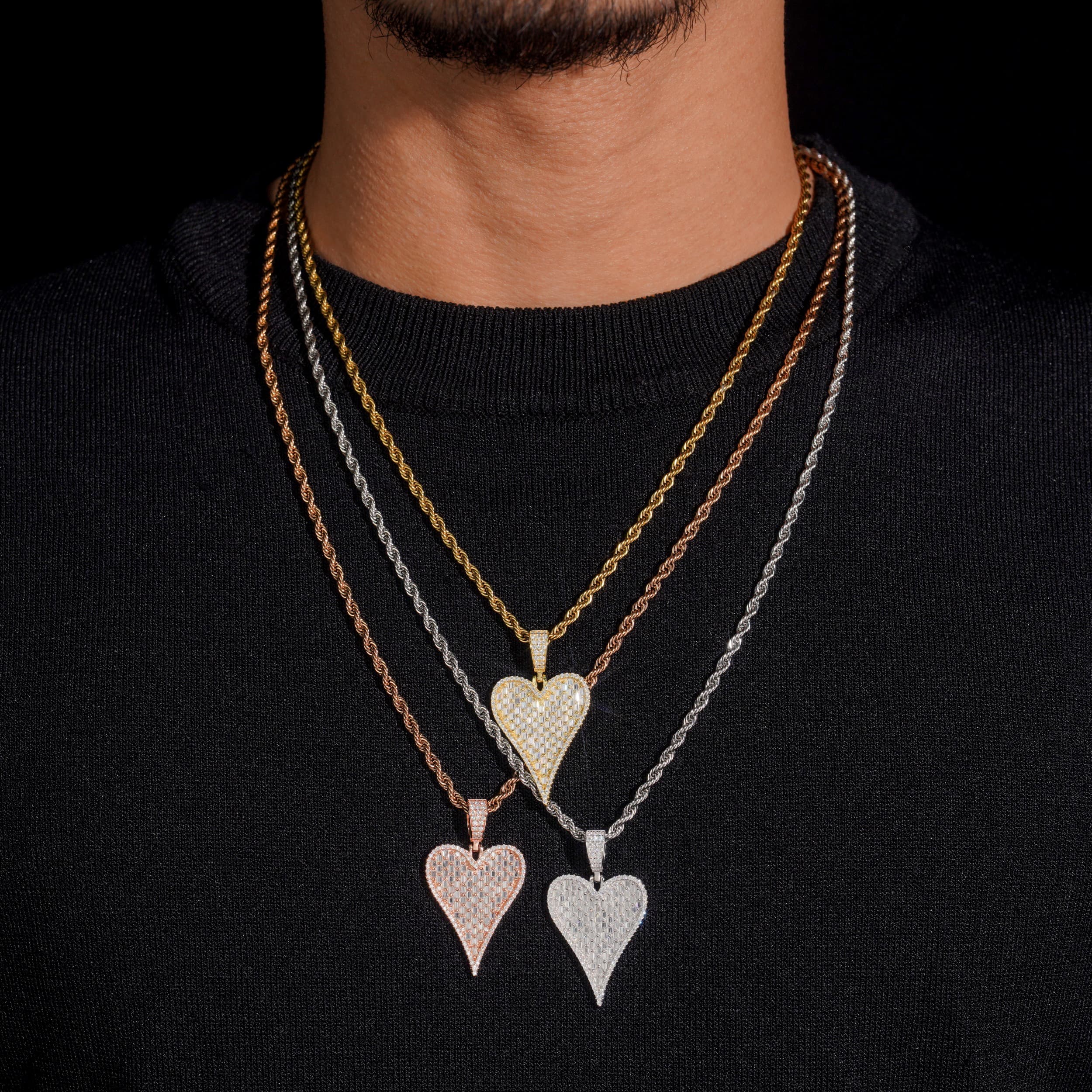 925 Sterling Silver VVS Moissanite Diamond Baguette Style Heart Pendant Charm