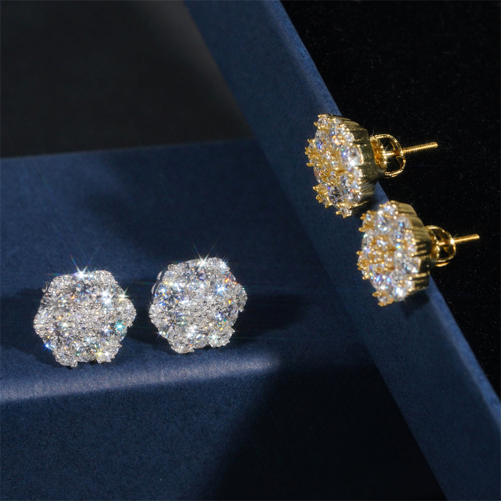925 Sterling Silver Cluster Iced Out VVS Moissanite Diamond Earrings Screw Back
