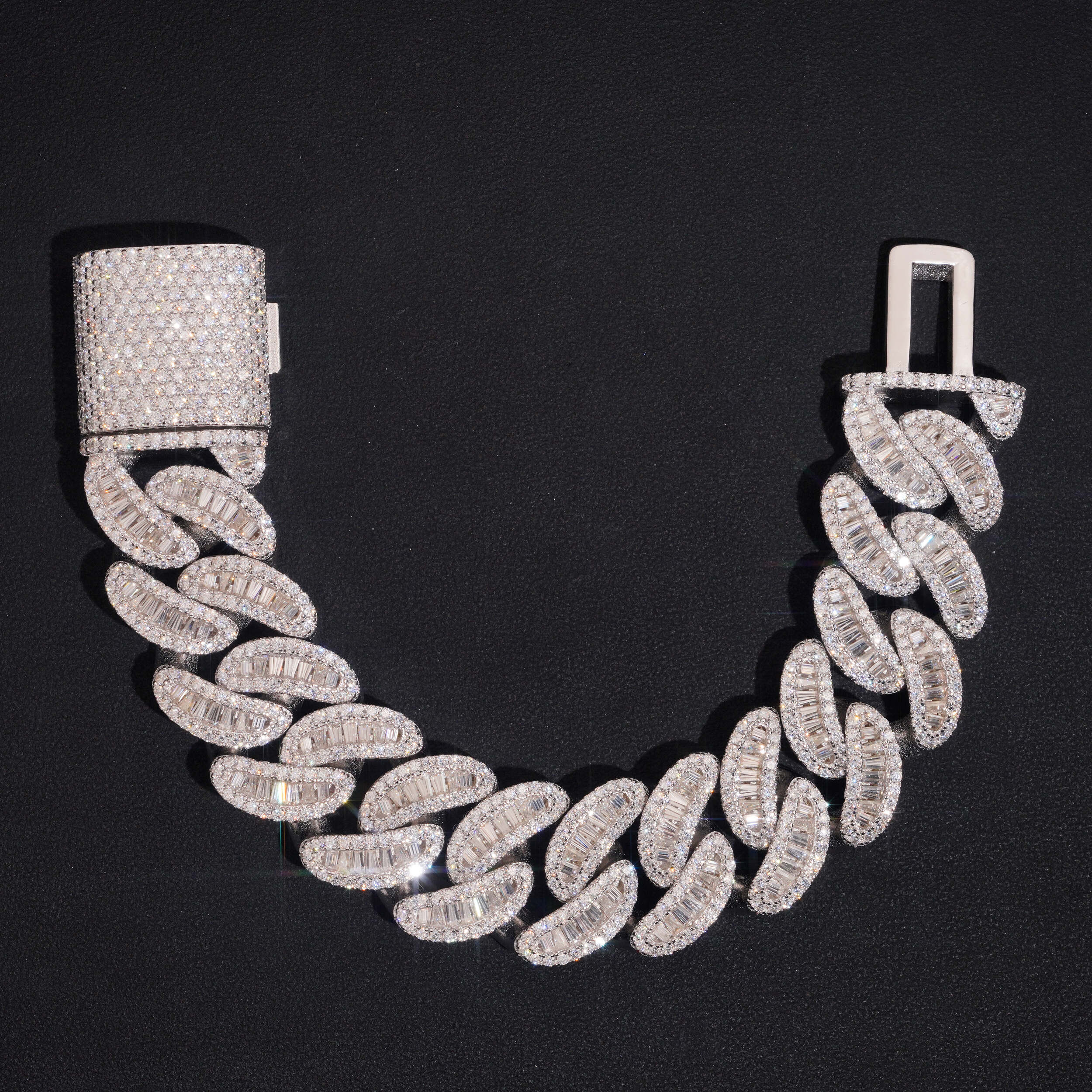 Sterling Silver 925 New Size 24MM Baguette Moissanite Diamond Cuban Link Bracelet VVS