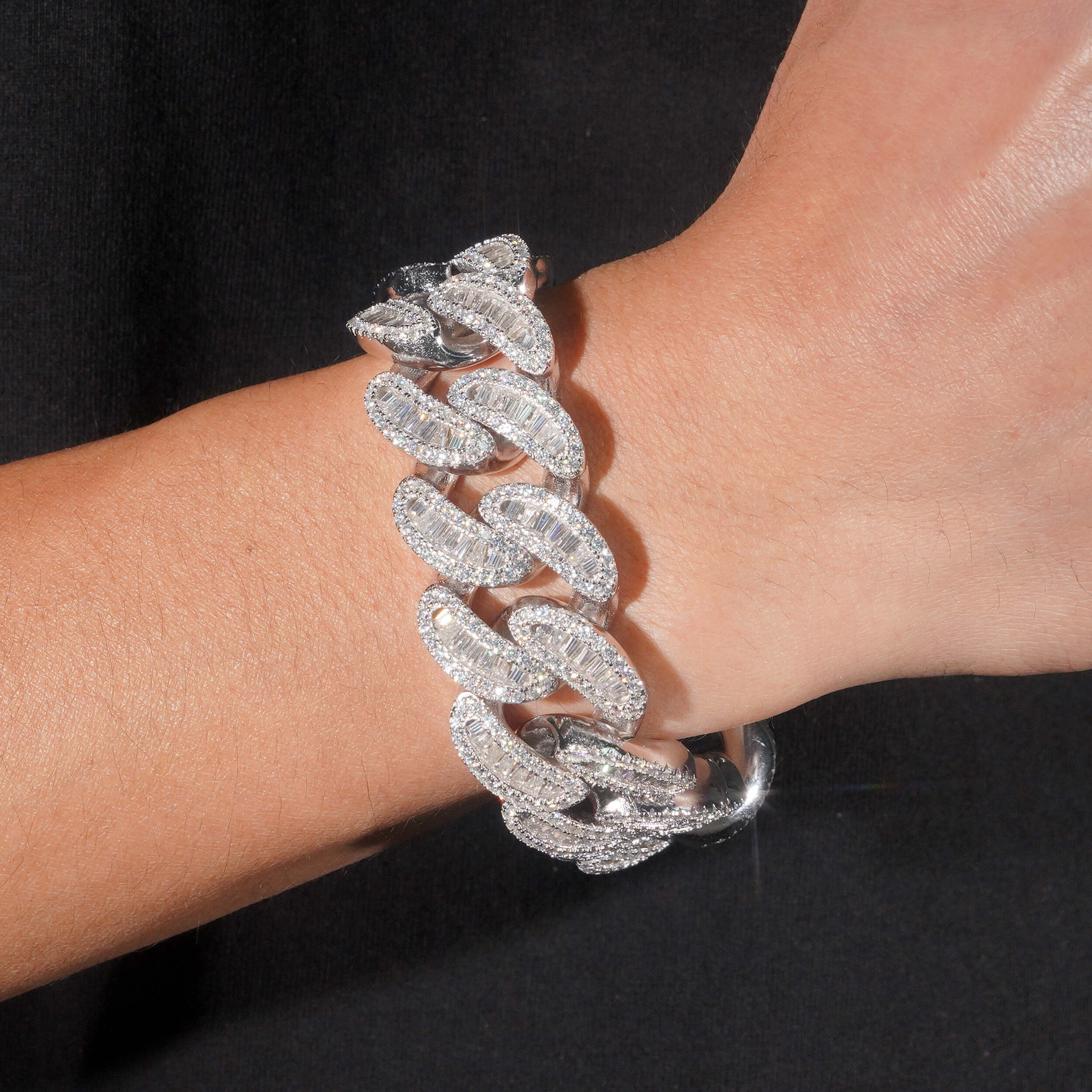 Sterling Silver 925 New Size 24MM Baguette Moissanite Diamond Cuban Link Bracelet VVS