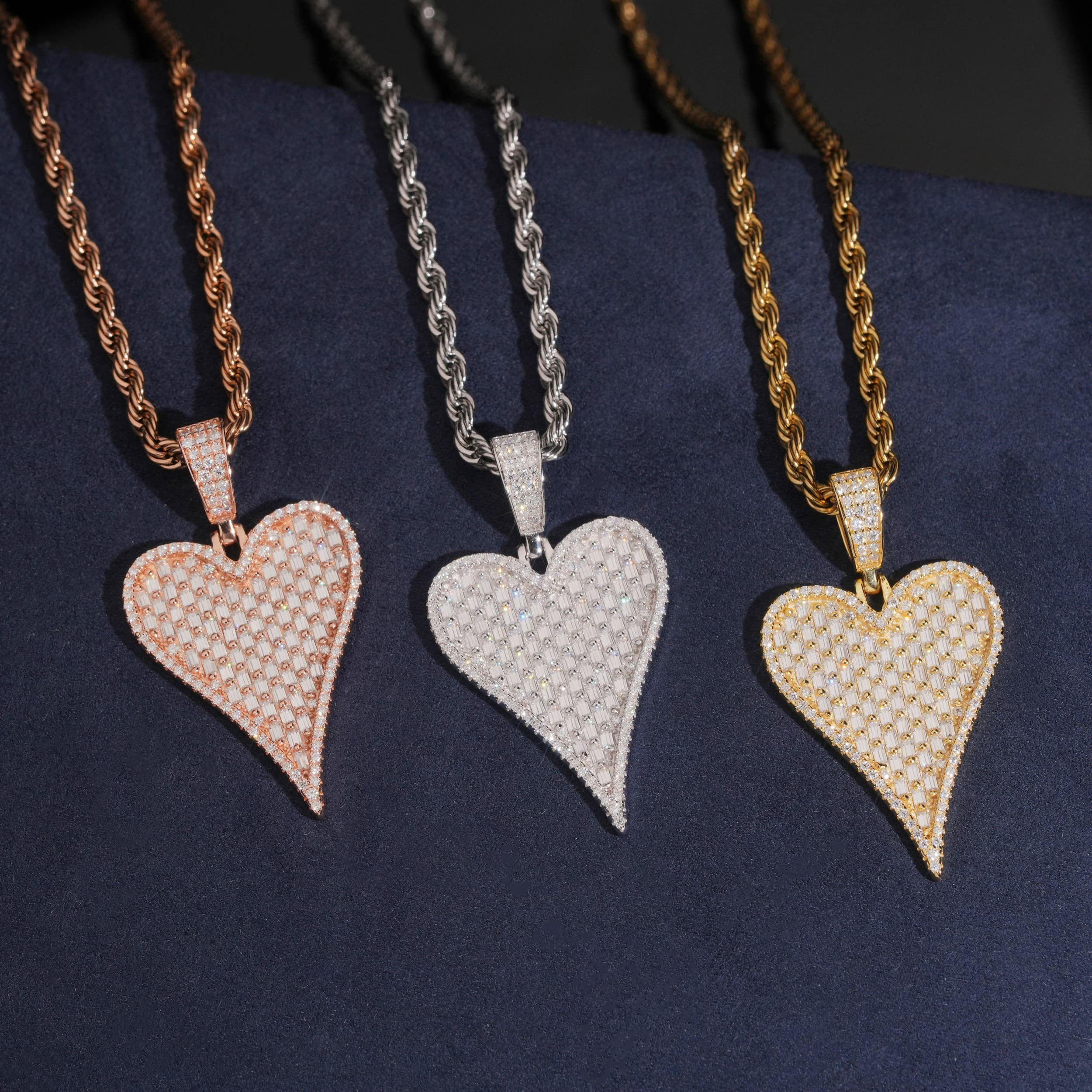 925 Sterling Silver VVS Moissanite Diamond Baguette Style Heart Pendant Charm