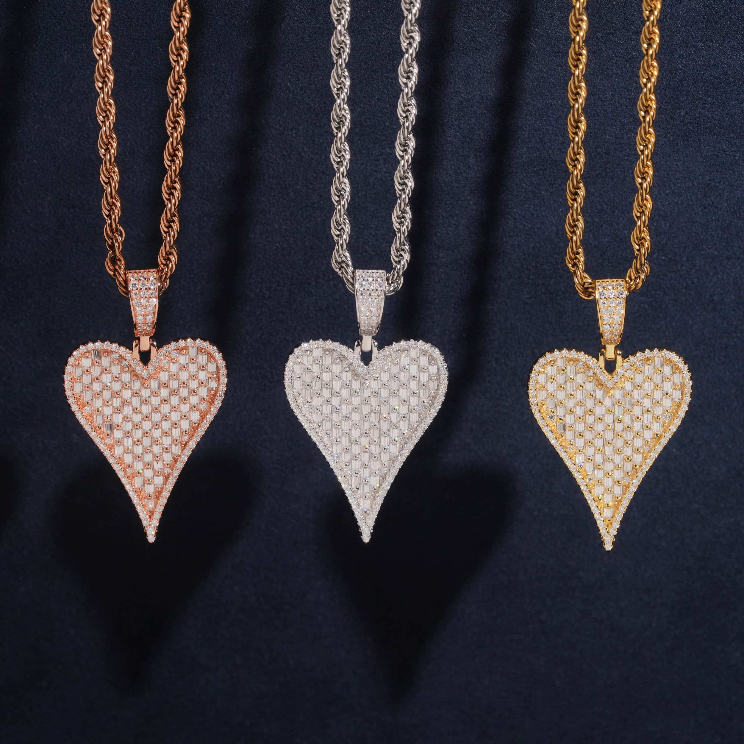 925 Sterling Silver VVS Moissanite Diamond Baguette Style Heart Pendant Charm