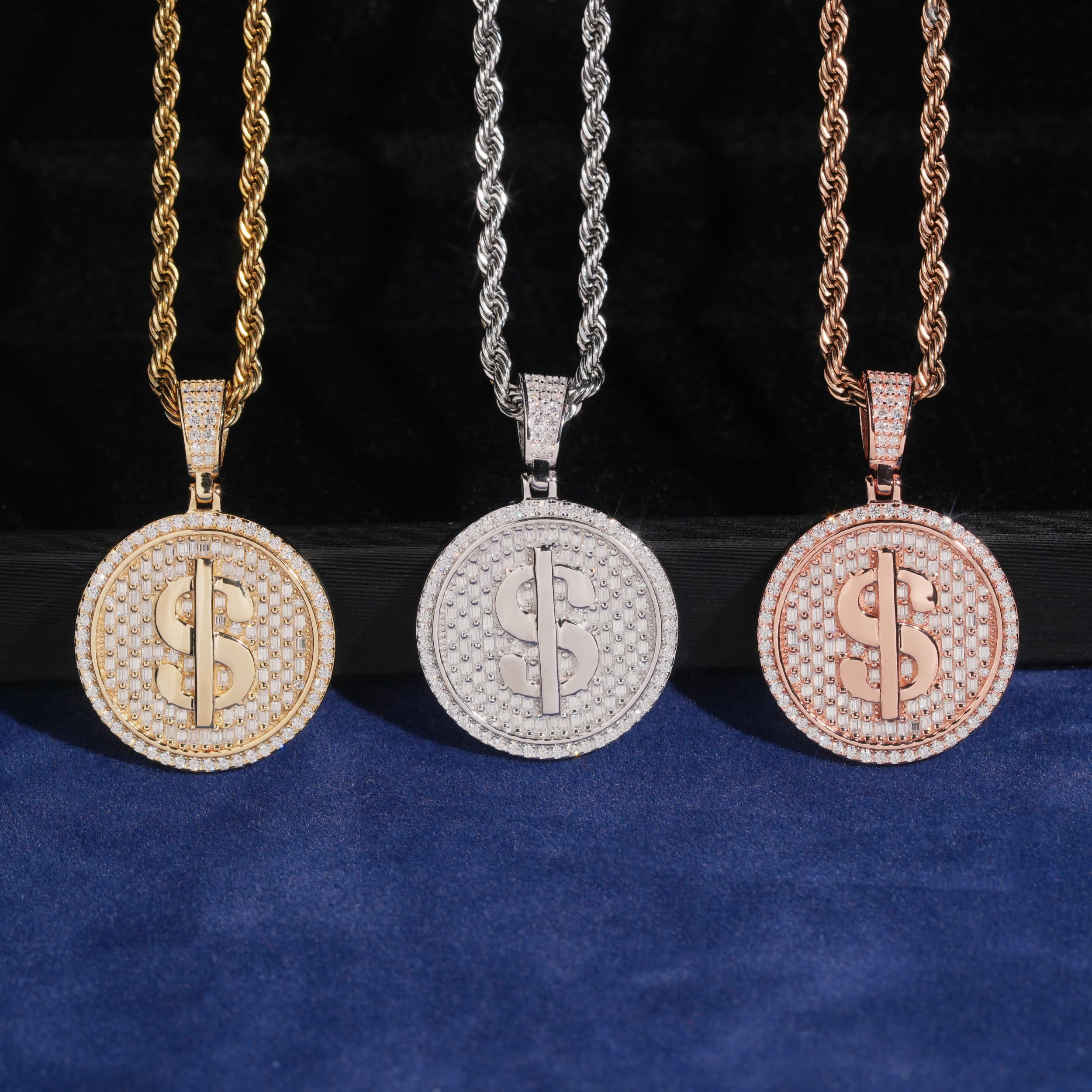 Circle Style VVS Baguette Cut Moissanite Diamond Dollar Sign Pendant