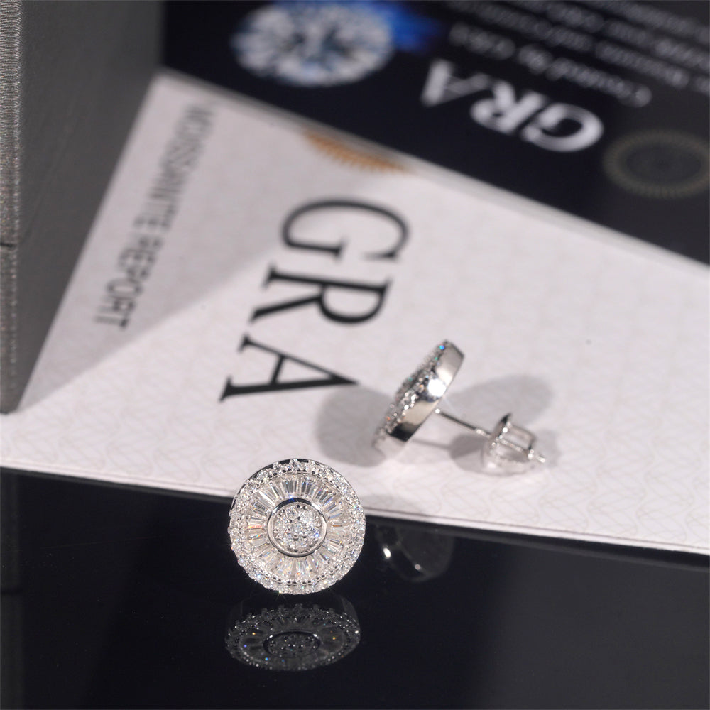 Silver Round Bageutte Cut Moissanite Diamond Earrings For MEN With GRA Report
