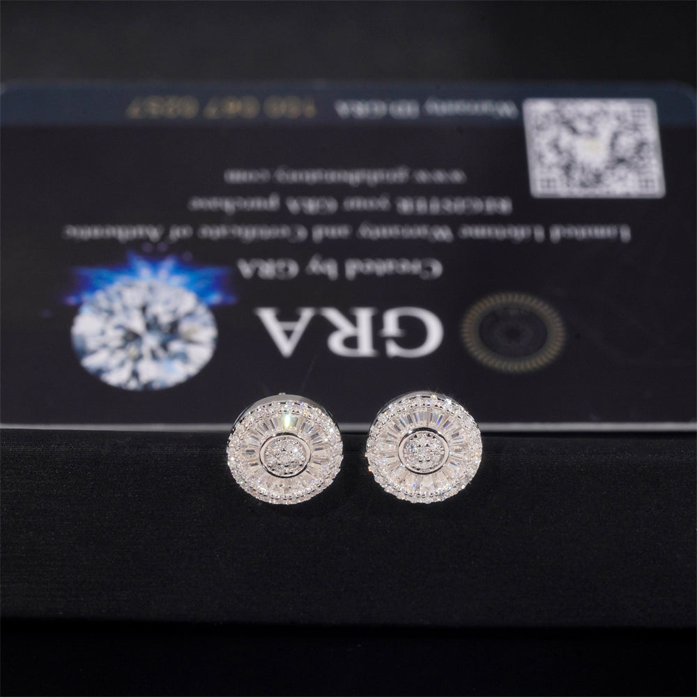 Silver Round Bageutte Cut Moissanite Diamond Earrings For MEN With GRA Report