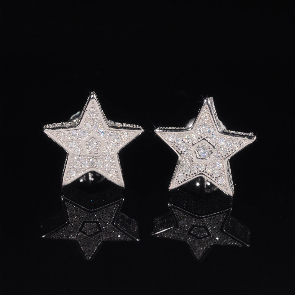 Side Iced VVS Moissanite Star Shaped Earrings Solid Silver 925