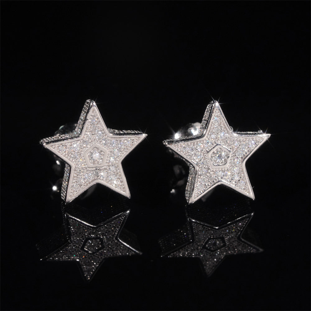 Side Iced VVS Moissanite Star Shaped Earrings Solid Silver 925