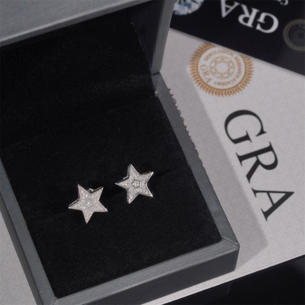 Side Iced VVS Moissanite Star Shaped Earrings Solid Silver 925