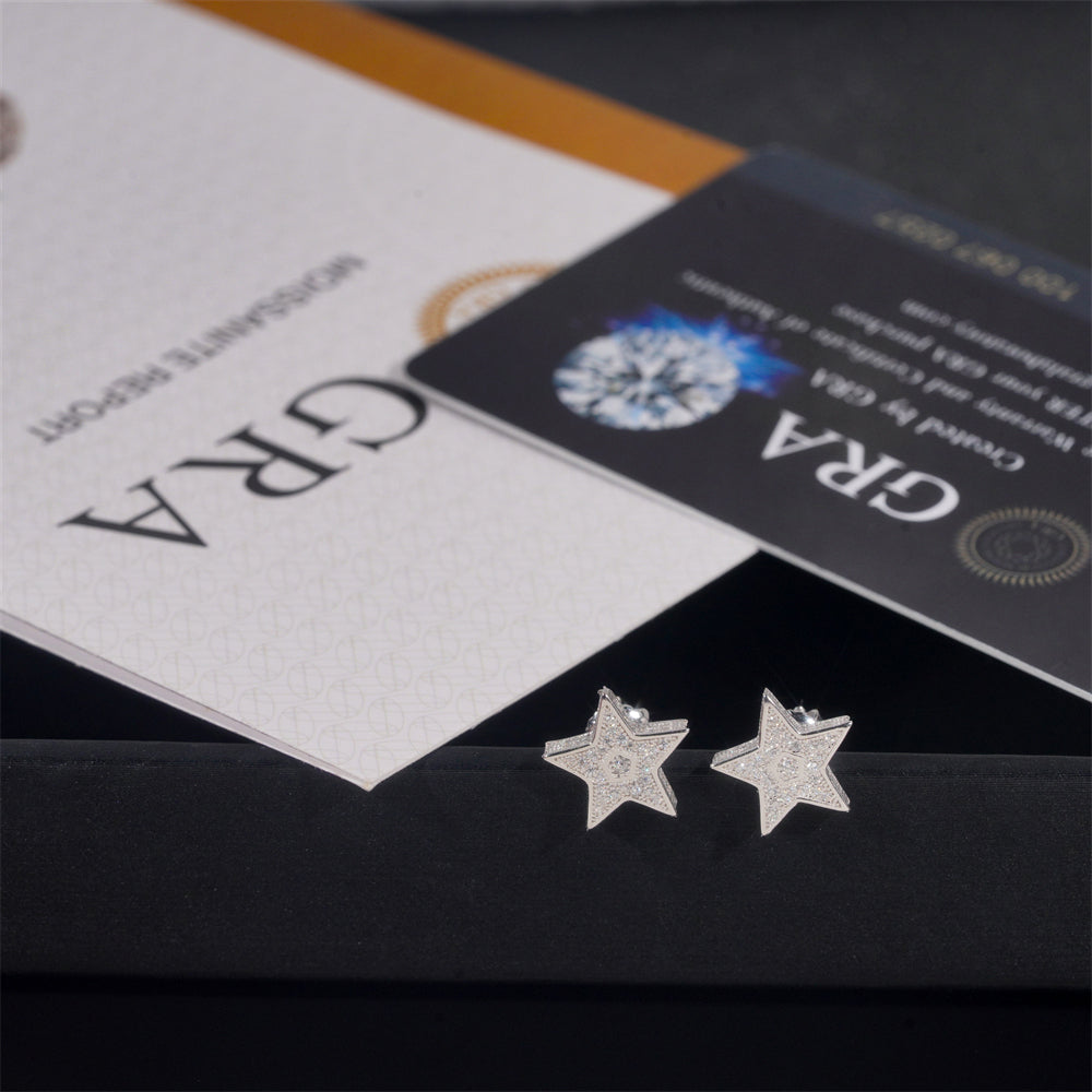 Side Iced VVS Moissanite Star Shaped Earrings Solid Silver 925