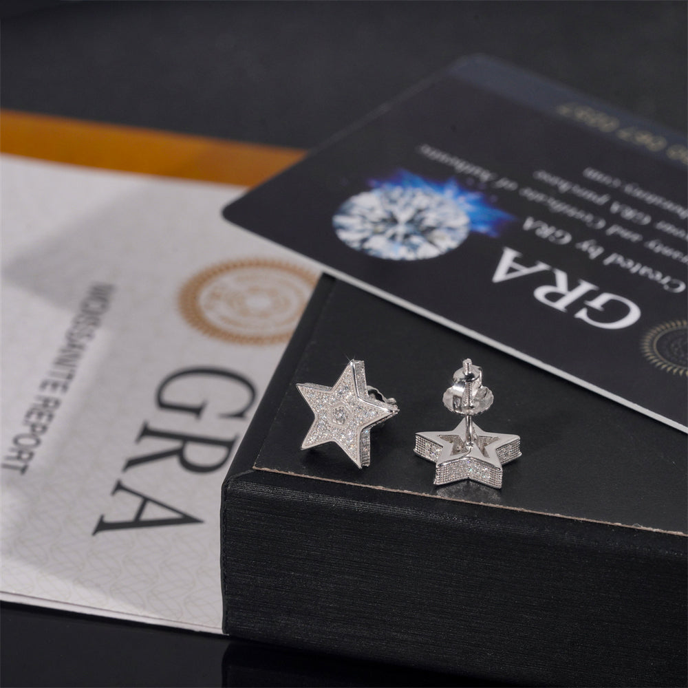 Side Iced VVS Moissanite Star Shaped Earrings Solid Silver 925