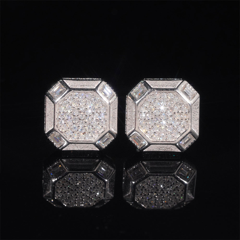 925 Sterling Silver Moissanite Iced Out Hip Hop Jewelry Earrings Screw Back