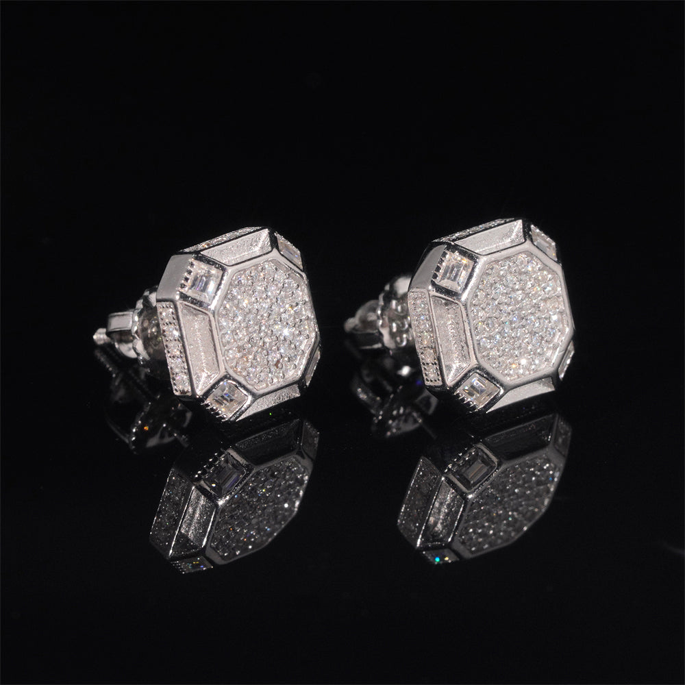 925 Sterling Silver Moissanite Iced Out Hip Hop Jewelry Earrings Screw Back