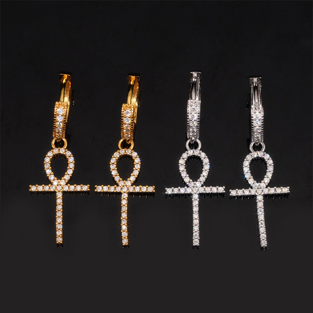 Stylish Men 925 Silver Cross Hoop Earrings Iced Out Moissanite Diamond