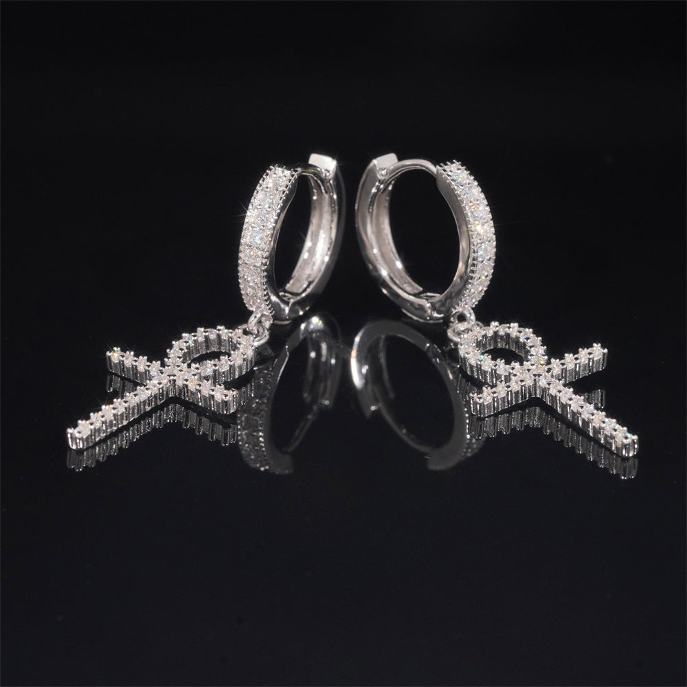 Stylish Men 925 Silver Cross Hoop Earrings Iced Out Moissanite Diamond