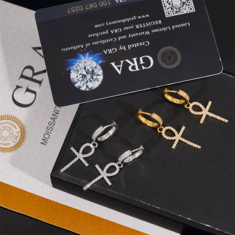 Stylish Men 925 Silver Cross Hoop Earrings Iced Out Moissanite Diamond