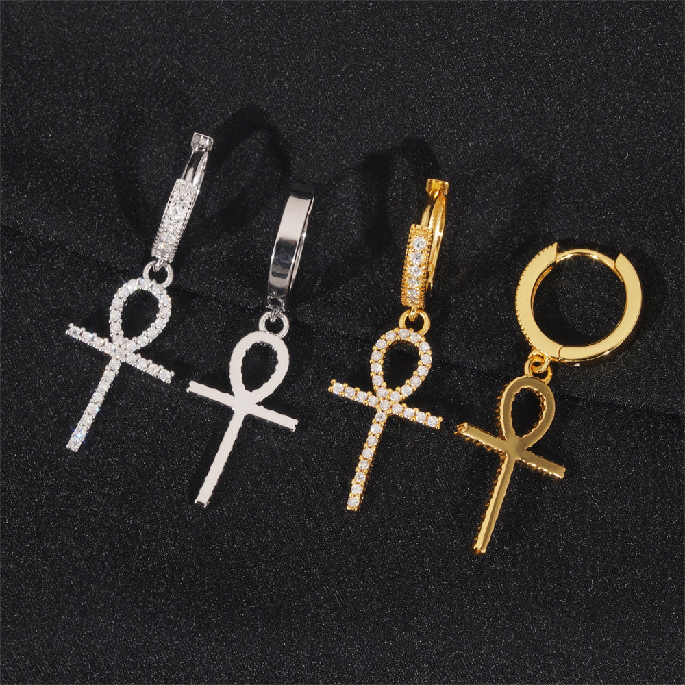 Stylish Men 925 Silver Cross Hoop Earrings Iced Out Moissanite Diamond