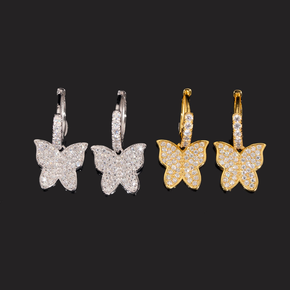925 Sterling Silver Hoop Earrings With Butterfly Charm Iced Out Hip Hop Jewelry