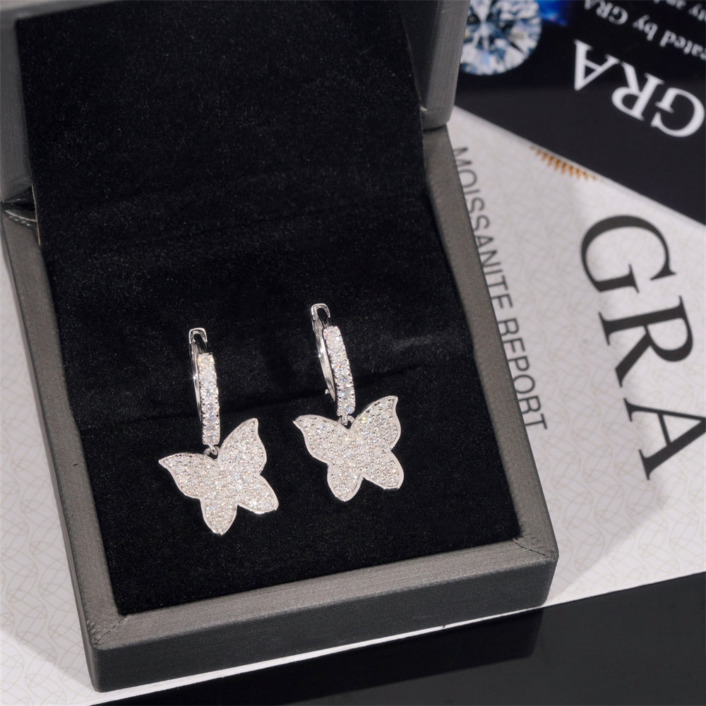 925 Sterling Silver Hoop Earrings With Butterfly Charm Iced Out Hip Hop Jewelry