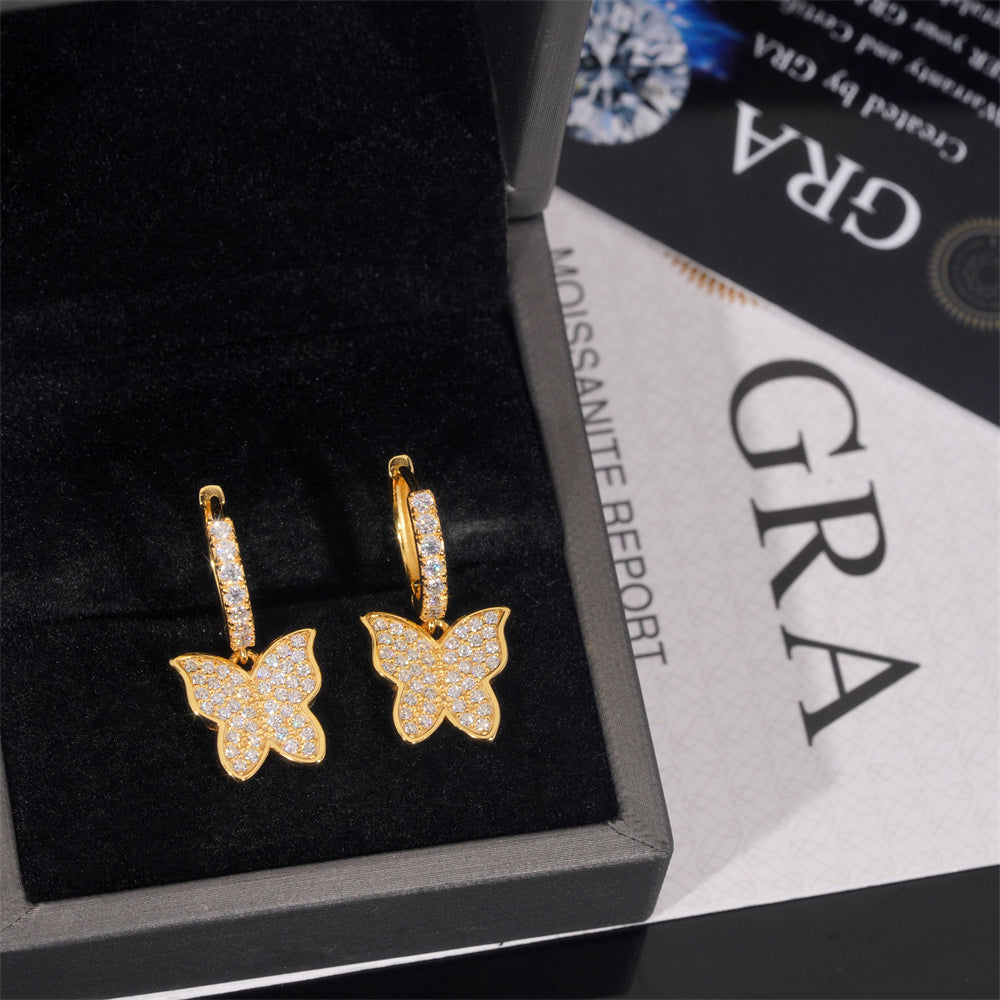 925 Sterling Silver Hoop Earrings With Butterfly Charm Iced Out Hip Hop Jewelry