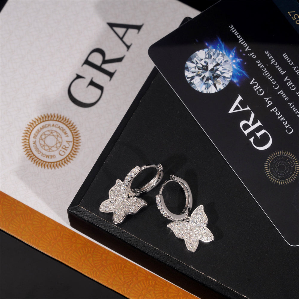 925 Sterling Silver Hoop Earrings With Butterfly Charm Iced Out Hip Hop Jewelry