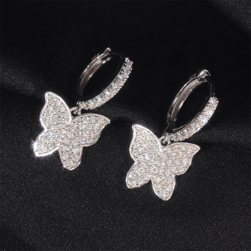 925 Sterling Silver Hoop Earrings With Butterfly Charm Iced Out Hip Hop Jewelry