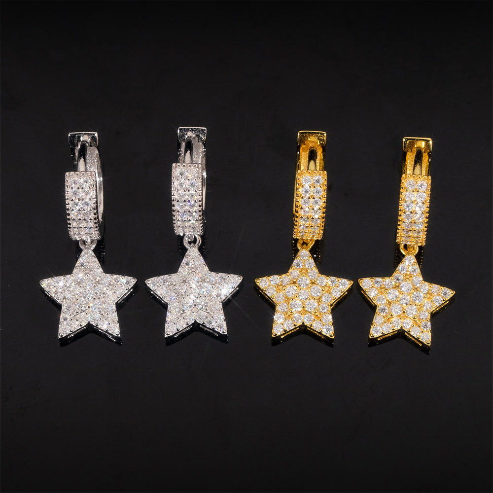 925 Sterling Silver GRA Certificated Star Charm Hoop Earrings Moissanite Diamond