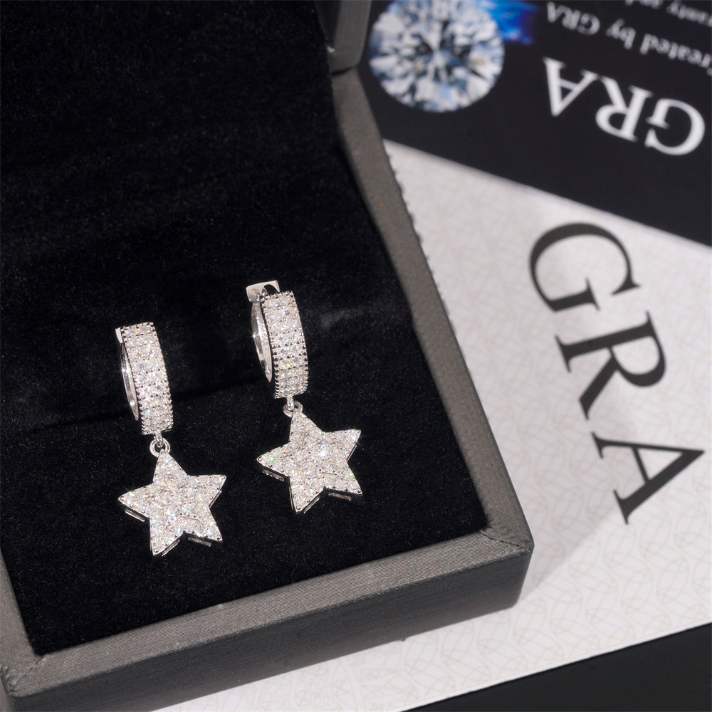 925 Sterling Silver GRA Certificated Star Charm Hoop Earrings Moissanite Diamond
