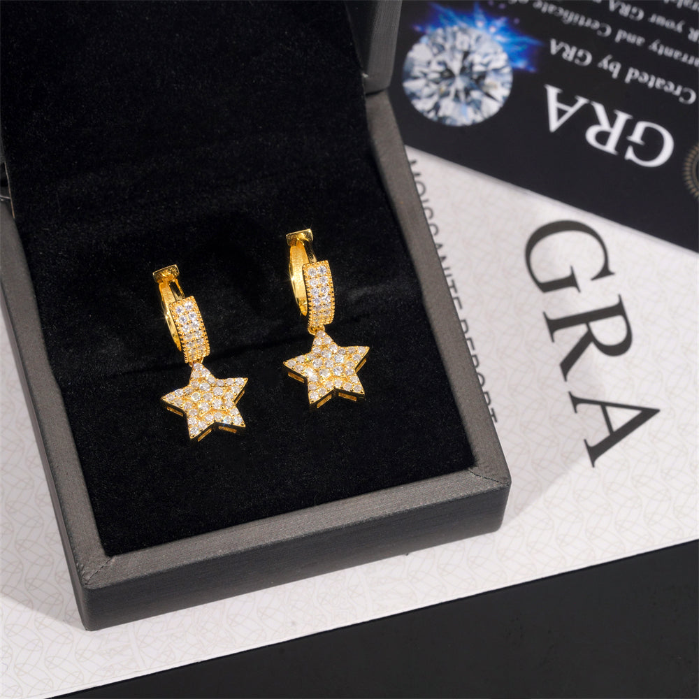 925 Sterling Silver GRA Certificated Star Charm Hoop Earrings Moissanite Diamond