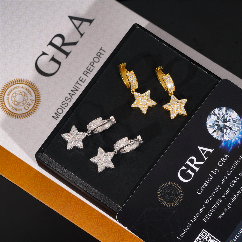 925 Sterling Silver GRA Certificated Star Charm Hoop Earrings Moissanite Diamond