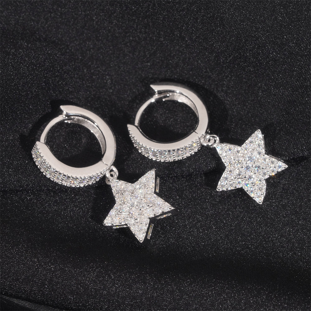 925 Sterling Silver GRA Certificated Star Charm Hoop Earrings Moissanite Diamond