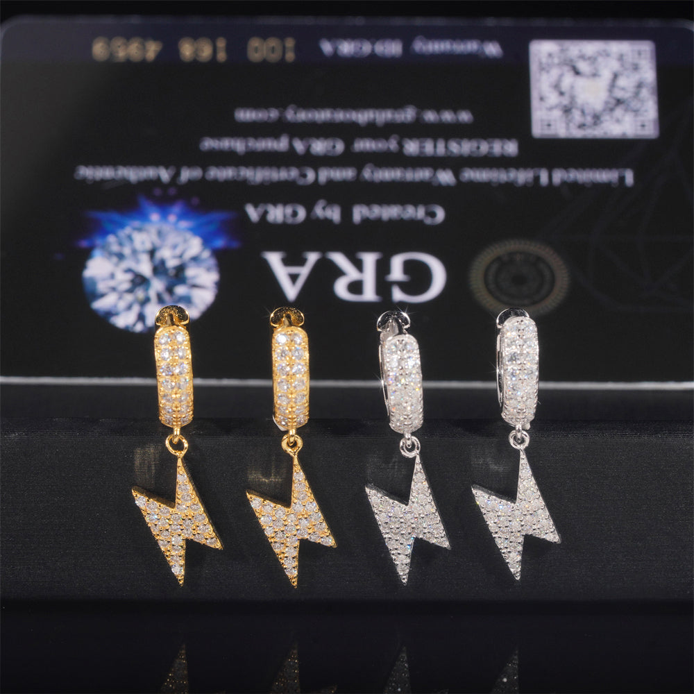 925 Silver Iced Out Moissanite Diamond Hoop Earrings with Lightning Charm