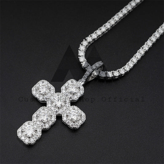 Iced Out Flower Cluster Cross Pendant With Moissanite Diamond Sterling Silver For Men