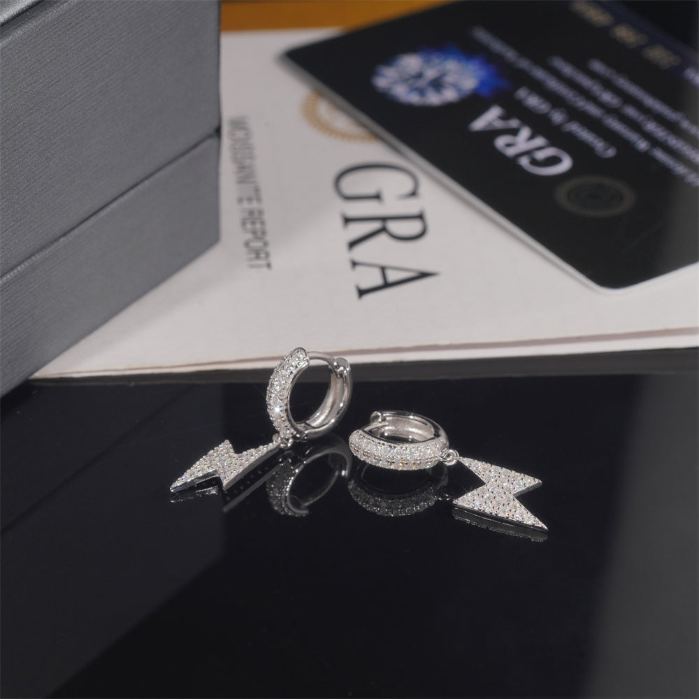 925 Silver Iced Out Moissanite Diamond Hoop Earrings with Lightning Charm