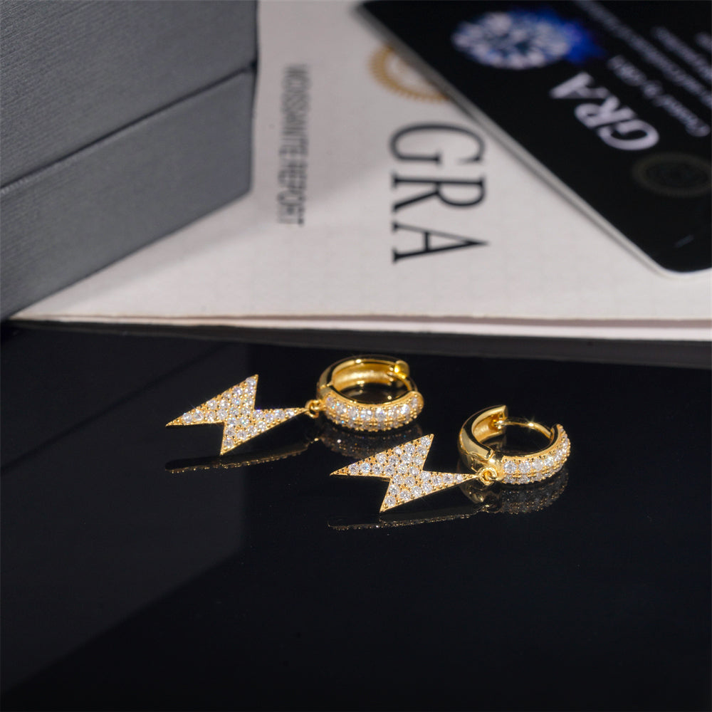 925 Silver Iced Out Moissanite Diamond Hoop Earrings with Lightning Charm