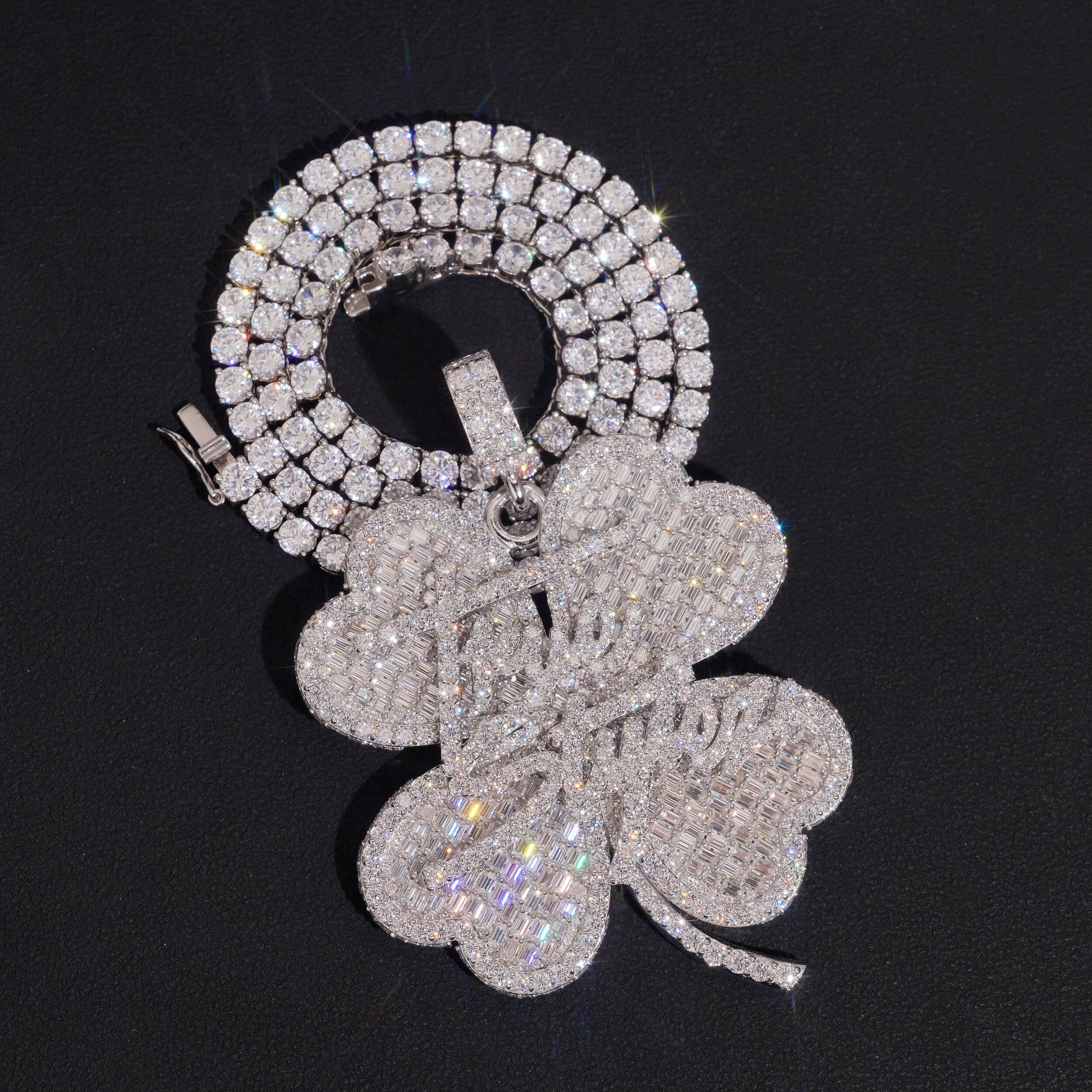 Moissanite Diamond 2Inch Clover Name Letter Pendant Match Tennis Chain
