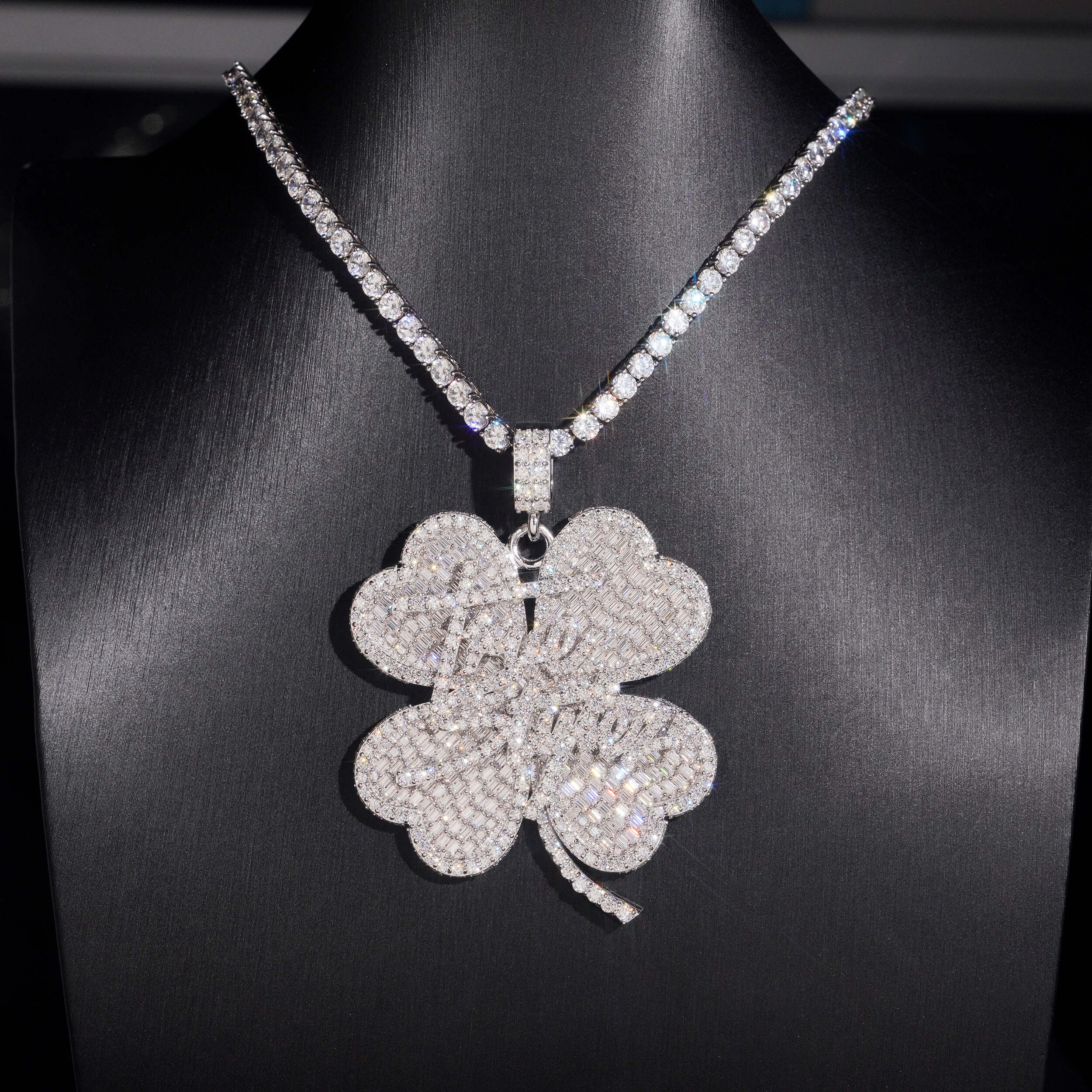 Moissanite Diamond 2Inch Clover Name Letter Pendant Match Tennis Chain