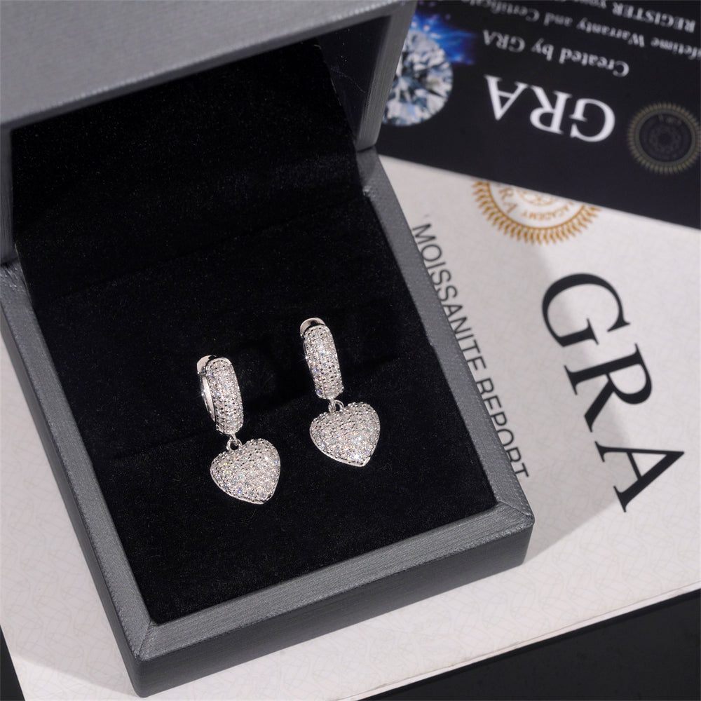 Heart Charm Hoop Earrings Iced Out 925 Sterling Silver