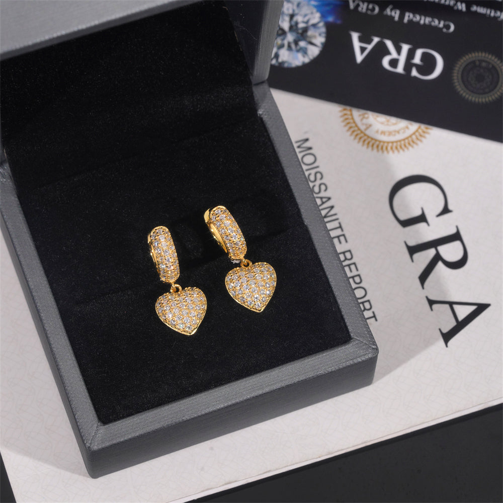 Heart Charm Hoop Earrings Iced Out 925 Sterling Silver