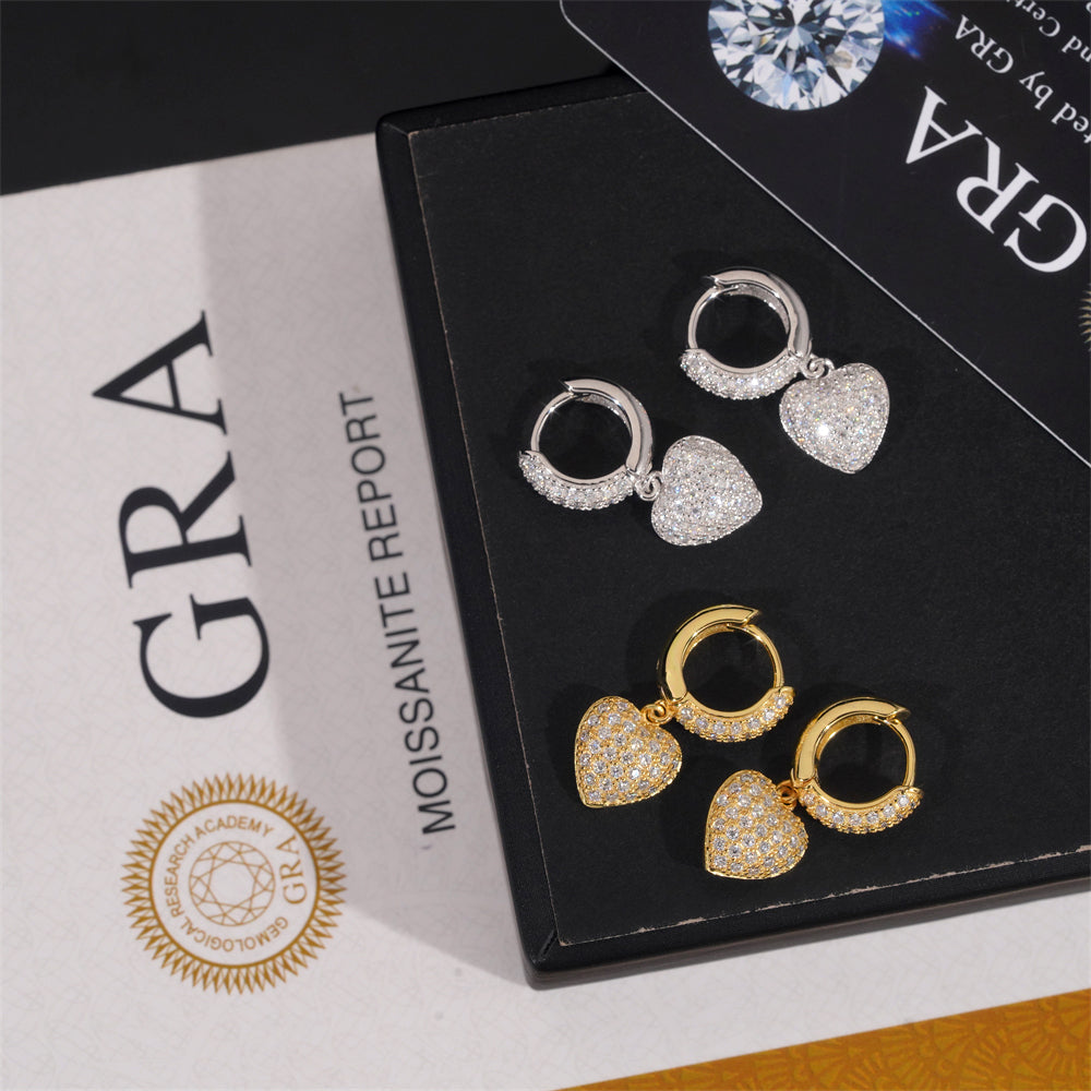 Heart Charm Hoop Earrings Iced Out 925 Sterling Silver