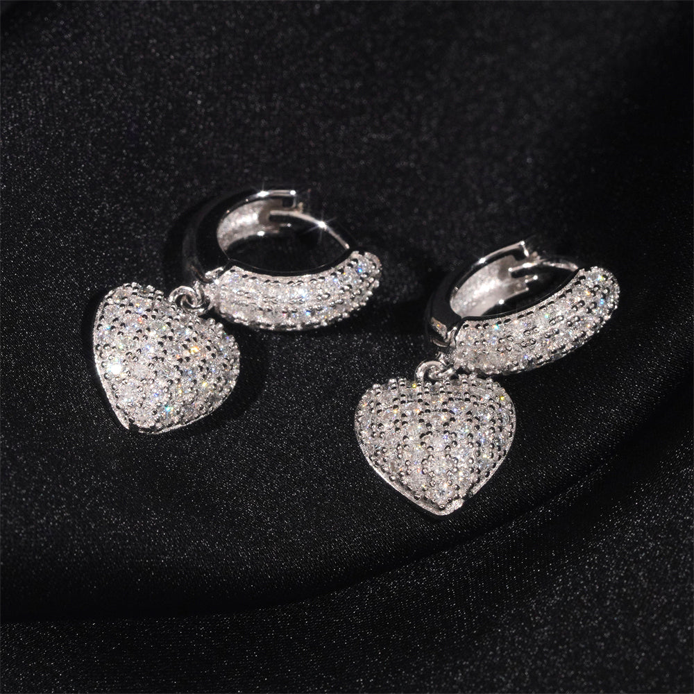 Heart Charm Hoop Earrings Iced Out 925 Sterling Silver