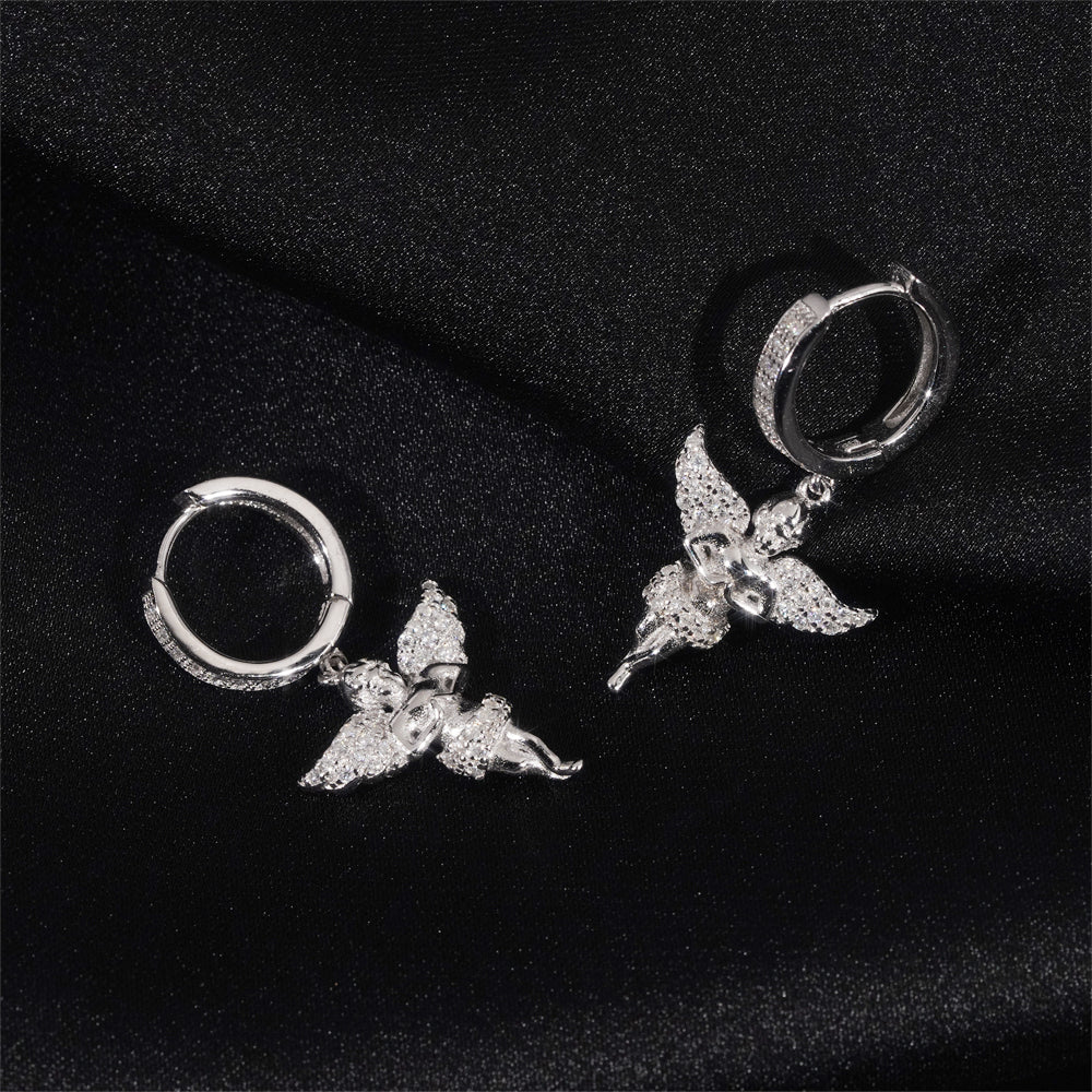 VVS D Color Moissanite Diamond Iced Out 925 Sterling Silver Angel Drop Hoop Earrings For Men