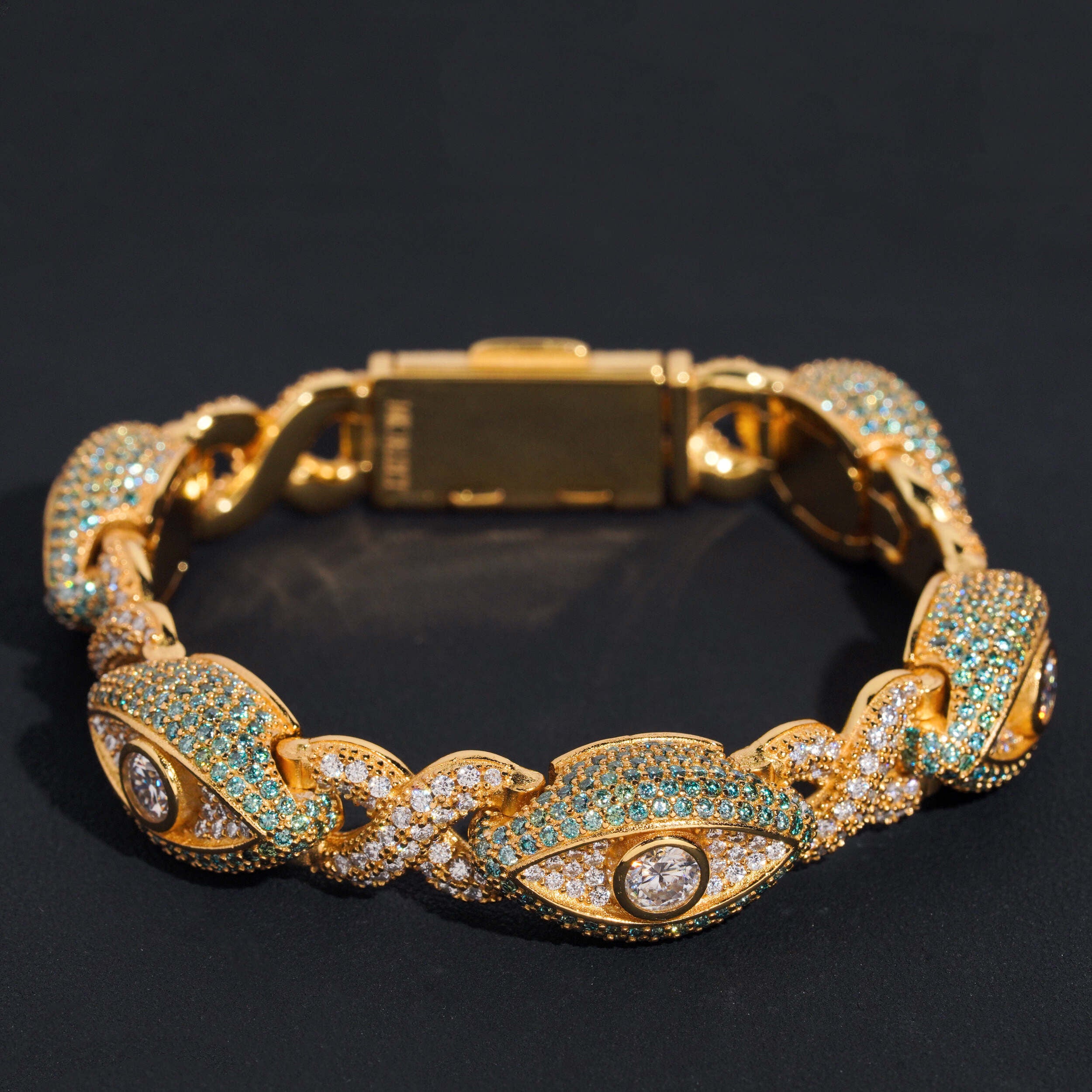 Iced Out 15MM Width Gold Plated VVS Moissanite Evil Eye Link Bracelet For Men